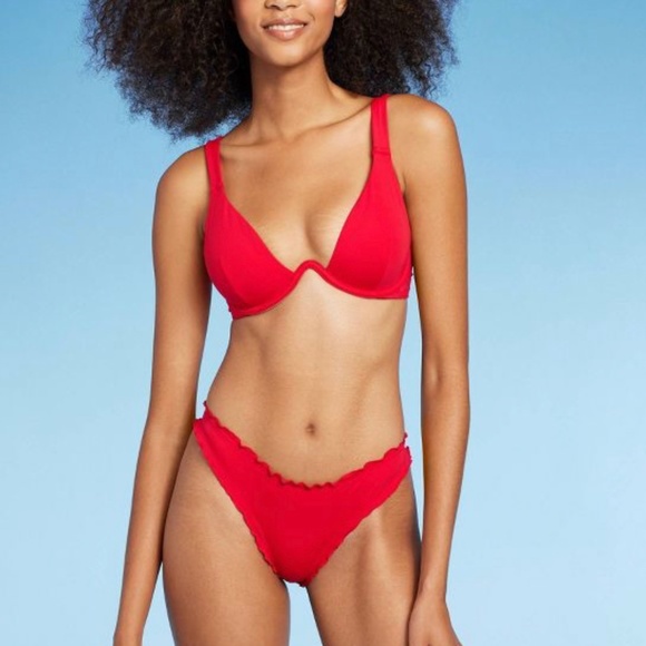 Shade & Shore Underwire Bikini Top & Ruffle High Leg Cheeky Bottom - Red - Picture 3 of 10